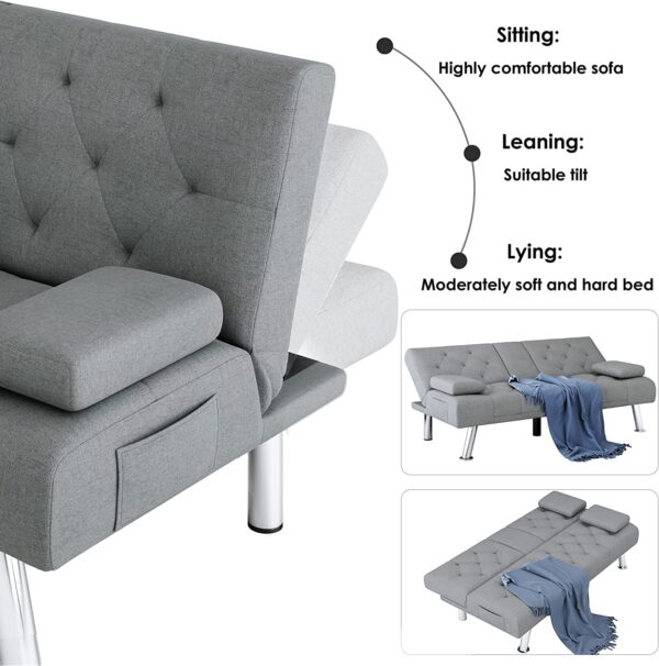 Convertible Futon Sofa Bed, 66.3'' Upholstered Removable Armrests,Gray Finish - Image 5