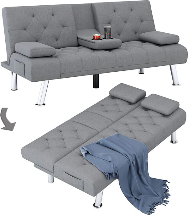 Convertible Futon Sofa Bed, 66.3'' Upholstered Removable Armrests,Gray Finish - Image 4