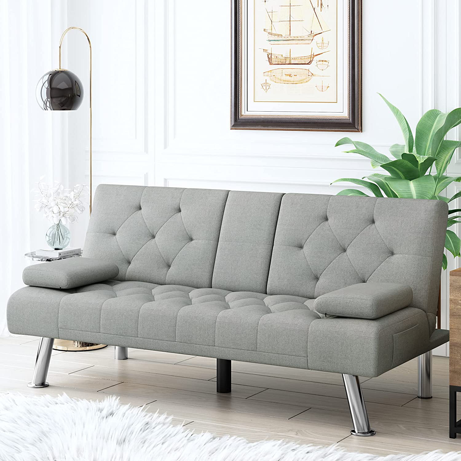 Hivago Convertible Memory Foam 32.5 High Futon Sofa Bed with Adjustable Armrest in Grey | Mathis Home