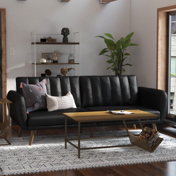 Futon Sofa Bed and Couch Sleeper, Black Faux Leather