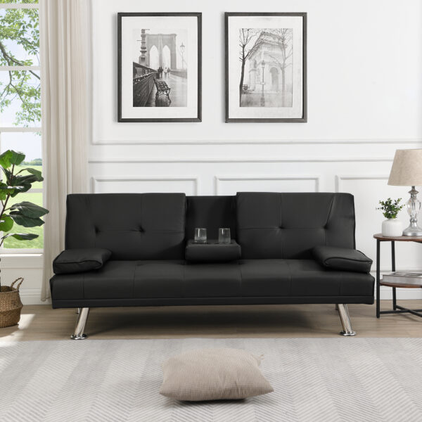 Sofa Bed with Armrest two holders  WOOD FRAME, STAINLESS LEG, FUTON BLACK  PVC - Image 4