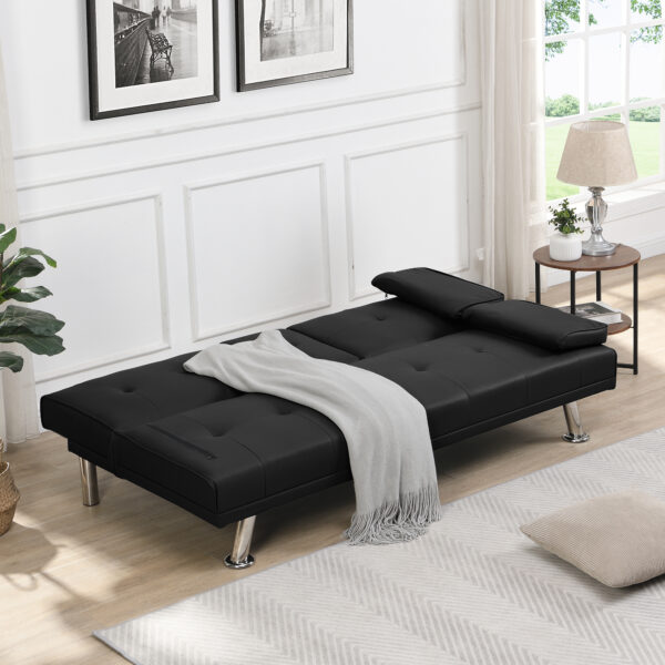 Sofa Bed with Armrest two holders  WOOD FRAME, STAINLESS LEG, FUTON BLACK  PVC - Image 3