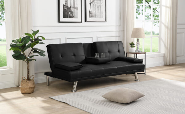 Sofa Bed with Armrest two holders  WOOD FRAME, STAINLESS LEG, FUTON BLACK  PVC - Image 2
