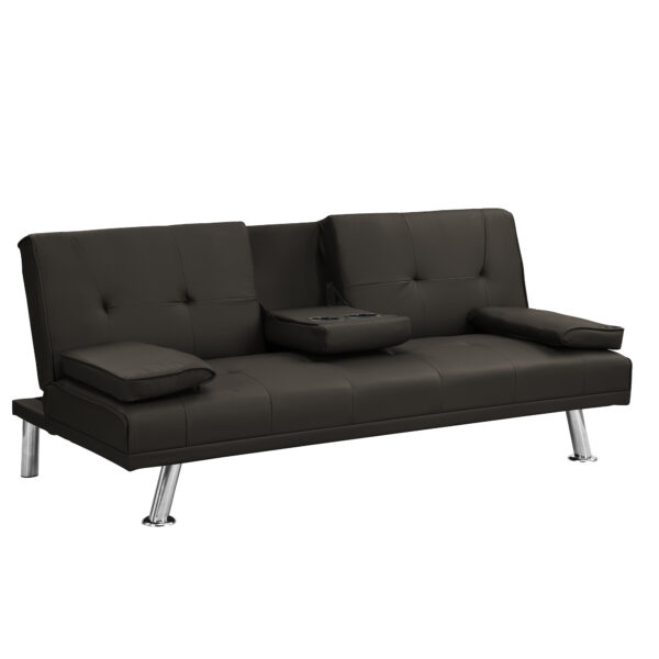 Sofa Bed with Armrest two holders  WOOD FRAME, STAINLESS LEG, FUTON BROWN  PVC,DARK BROWN - Image 3