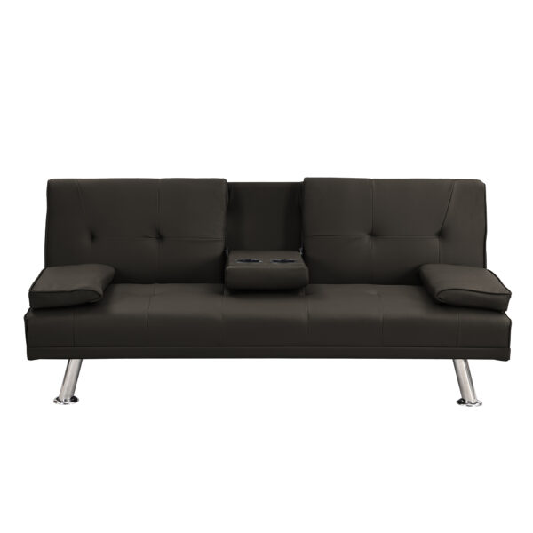 Sofa Bed with Armrest two holders  WOOD FRAME, STAINLESS LEG, FUTON BROWN  PVC,DARK BROWN - Image 4