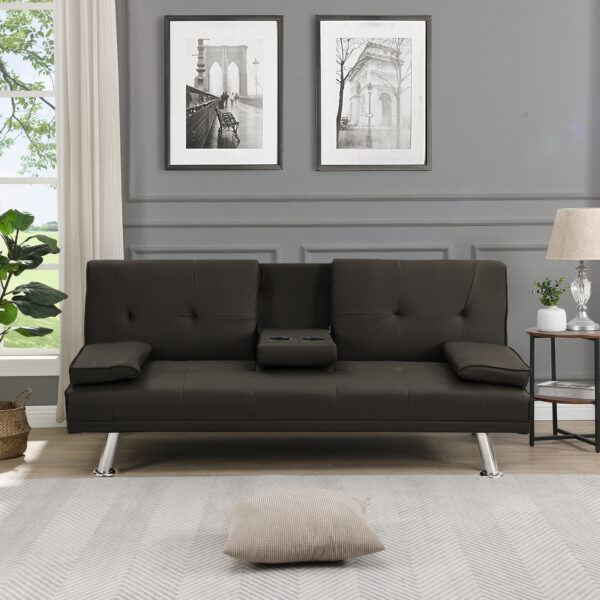 Sofa Bed with Armrest two holders  WOOD FRAME, STAINLESS LEG, FUTON BROWN  PVC,DARK BROWN - Image 2