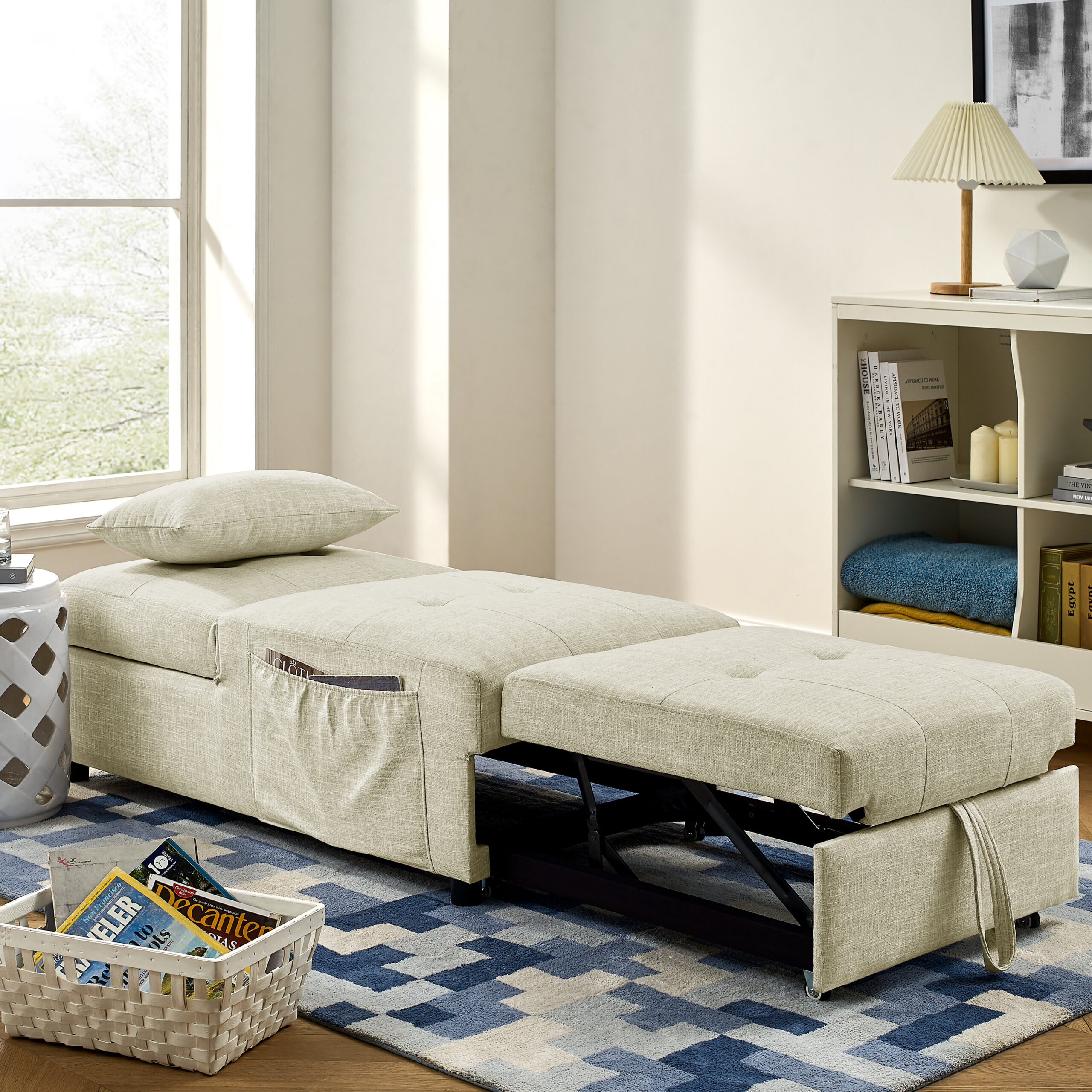 Folding Ottoman Sleeper Sofa Bed, 4 in 1 Function, Work as Ottoman, Chair ,Sofa Bed and Chaise Lounge for Small Space Living, Begie (44″ x 26″ x 33″H)