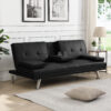 Sofa Bed with Armrest two holders WOOD FRAME, STAINLESS LEG, FUTON BLACK PVC