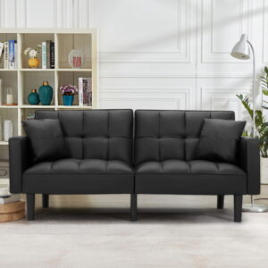 74″ Modern Convertible Sofa Bed Black Faux Leather Futon Recliner Couch with Pillows